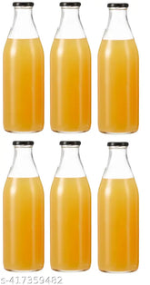 Clear glass fridge water bottles, pack of 6 for storing milk, juice, and all types of liquids