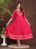 Rayon gold printed anarkali kurti, floral embroidery, Indian women's fashion