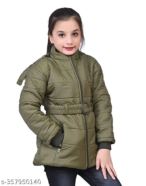 Olive green striped nylon butter jacket for girls & baby girls, Nadwi Collection