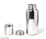 Stainless steel kids sipper bottle with fruit feeder and pacifier, 304 grade steel, BPA free, 250ml + 50ml green feeder, leak-proof silver color