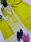Green embellished chiffon kurta
