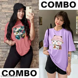 Women's oversized printed cotton blend t-shirt combo pack 2, XXS to XL sizes with short sleeves and vibrant prints
