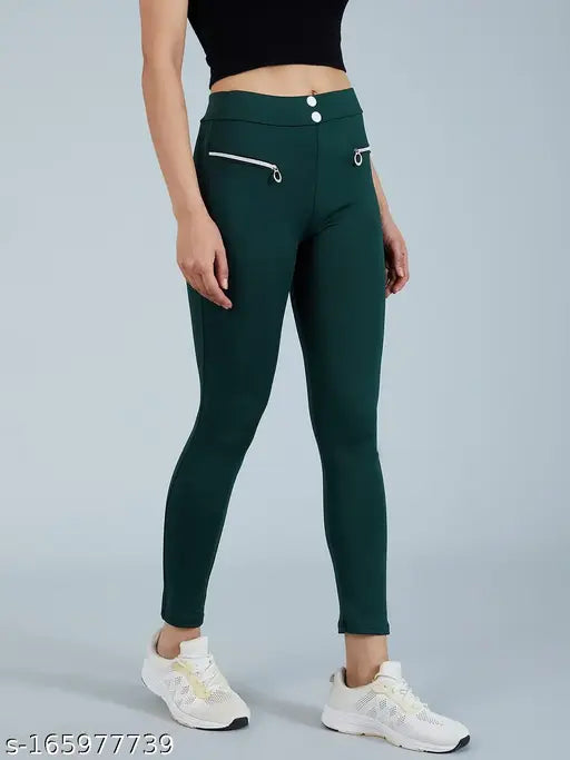 Dark green stylish jegging for women & girls, solid polyester fabric, waist size 26-34 inches, India origin