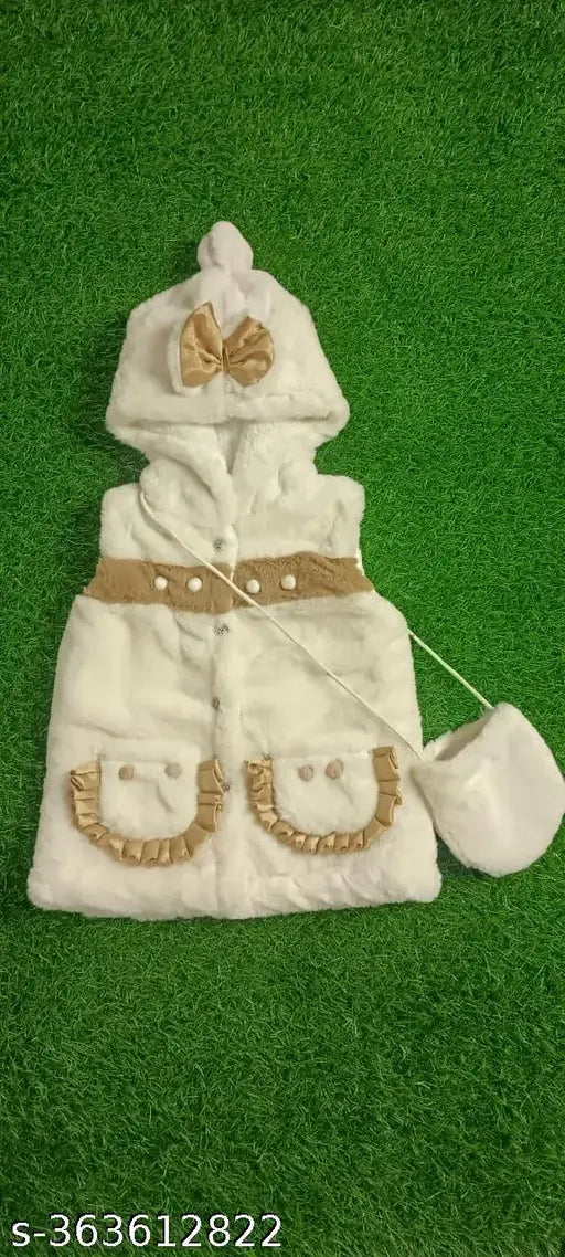 Baby Girls Bow Hooded Winter White Wool, short sleeves, solid pattern design, adorable baby clothing for events or play. Made with premium cotton, sizes: 3-6M (Bust 11in, Length 12in, Waist 12in), 6-12M (Bust 12in, Length 16in, Waist 14in), 12-18M (Bust 13in, Length 17in, Waist 15in), 18-24M (Bust 14in, Length 18in, Waist 17in). Origin: India