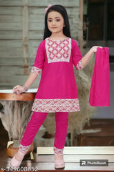 Embroidered rayon girls kurta set-Rani with dhoti pants and dupatta, suitable for ages 3-4 years to 0-2 months. Indian traditional clothing on display