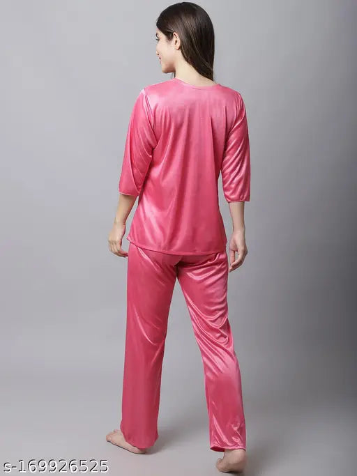 Ladies satin Boston Club nightsuit, solid color pyjamas for women in XL size with long sleeves