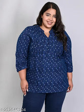 Blue printned rayon longline top, plus size with mandarin collar and pintuck detail - perfect for women's fashionable and comfortable style, made in India