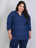 Blue printned rayon longline top, plus size with mandarin collar and pintuck detail - perfect for women's fashionable and comfortable style, made in India