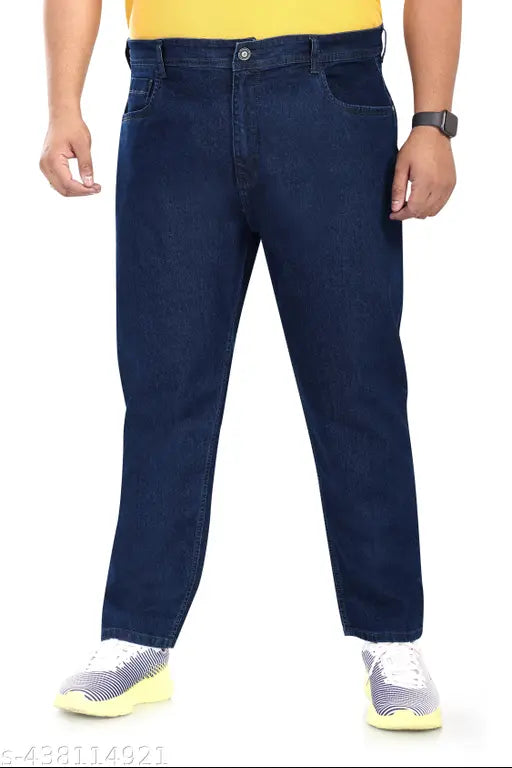 Dark blue plus size denim jeans for casual, party, or office wear by Pluss Tribe. Solid pattern, mid-rise, regular length, zip fly, and stretchable fabric for comfort." (123 characters)