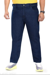 Dark blue plus size denim jeans for casual, party, or office wear by Pluss Tribe. Solid pattern, mid-rise, regular length, zip fly, and stretchable fabric for comfort." (123 characters)