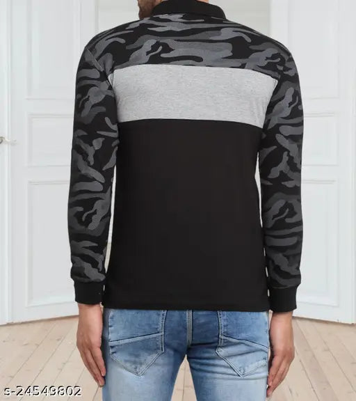 Black wild west polo neck full sleeve cotton blend t-shirt for men, all-over printed design