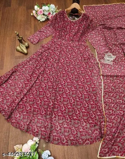 Best quality printed Georgette gown with dupatta set, long sleeves, ideal for traditional Indian festivals. Origin: India