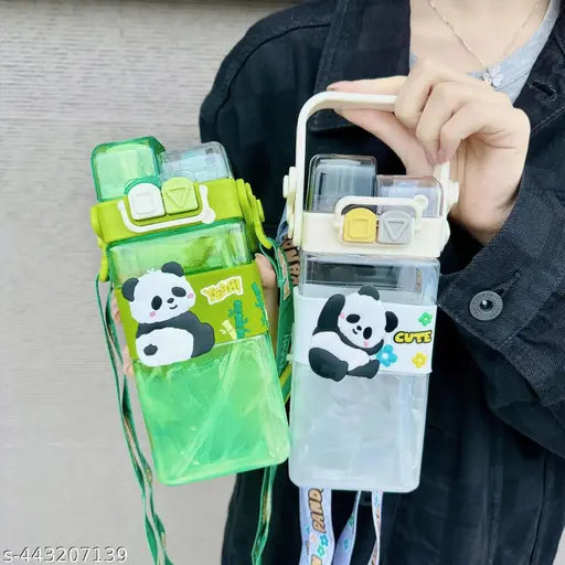 Cute green panda-themed plastic water bottle for kids - 520ml (BIS/ISI certified)