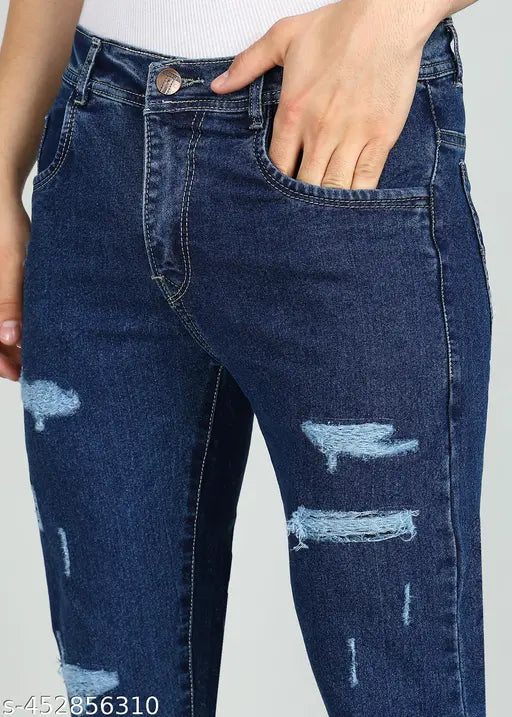 Damage dark blue ripped jeans, cotton blend solid, trendy men's denim with raw wash look