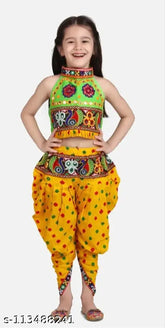 Yellow cotton halter neck choli with dhoti, traditional embroidered Bandhani style for kids, Indian festival wear