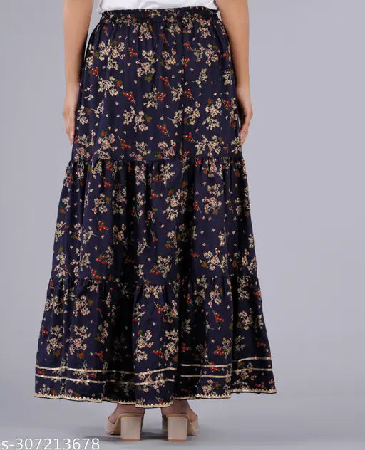 Flower Booti printed rayon long skirt, vibrant print on net fabric for women's fashion, available in various sizes from 24-42 inches