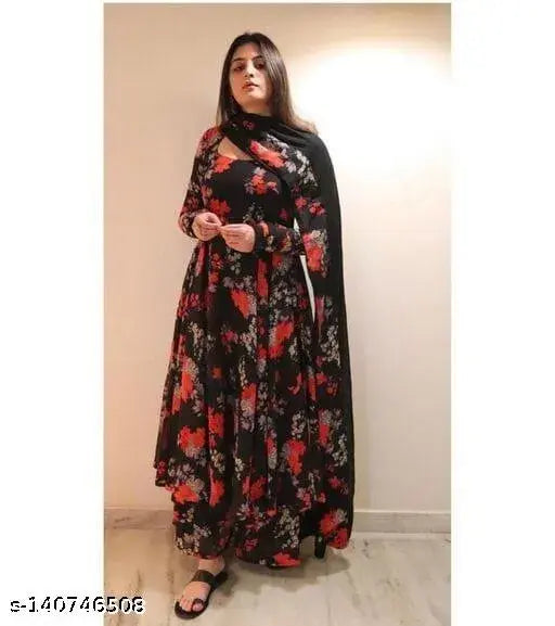 Black Georgette Kurta Set with Palazzo Pants & Dupatta - Vibrant floral prints on A-line kurta, palazzos, and dupatta, ideal for festive occasions, Country of Origin: India
