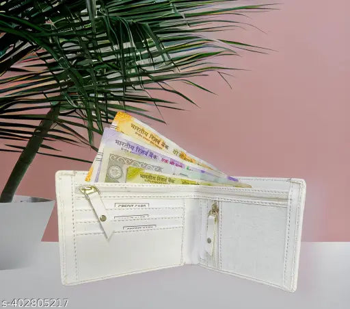 Faux leather trendy men's white bi-fold wallet with 2 compartments, fashionable look, 4 card slots, secret slots, and currency compartments