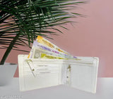 Faux leather trendy men's white bi-fold wallet with 2 compartments, fashionable look, 4 card slots, secret slots, and currency compartments