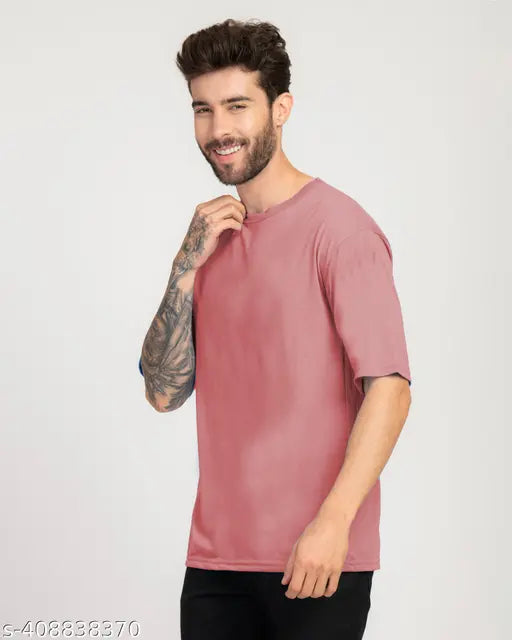 Peach cotton blend solid round neck T-shirt by STYLOGUE, high-quality men's shirt in loose fit style, perfect for any season
