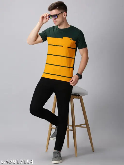 Men's striped round neck T-shirt, premium quality cotton from TFF The Fashion Factory, featuring a fancy pocket design and soft material