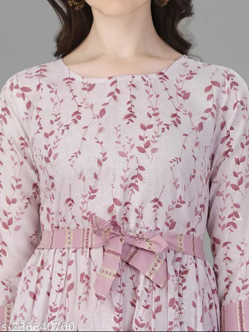 Purple floral printed fit-flared cotton kurti, eye-catching color, perfect for parties and events