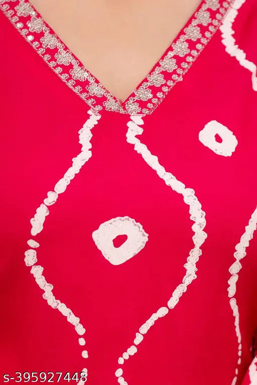 Pink rayon polka dot kurta for party wear, three-quarter sleeves, printed pattern, India origin