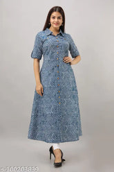 Blue cotton zig-zag printed A-line kurta, short sleeves, Indian ethnic wear for women