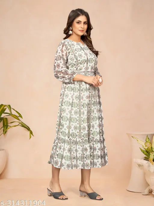 Georgette three-quarter sleeve printed kurti, modern western party wear dress - India