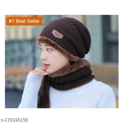 Brown woolen beanie/skull cap & neck warmer combo with faux fur inner side, air-proof winter hat set. Soft, anti-allergic material for optimal warmth and comfort