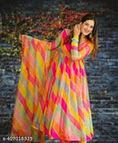 Flower Print Anarkali Long Gown Set in Georgette, round neck, long sleeves - Women's party wear, Western style