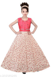 Silk sleeveless embroidered net ethnic gown by Stylus Girls for girls aged 5-7 years, Indian origin