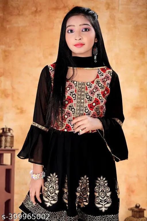 Georgette Anarkali sharara set with embroidered sleeves, black dupatta included for 3-14 year olds - Indian children's fashion
