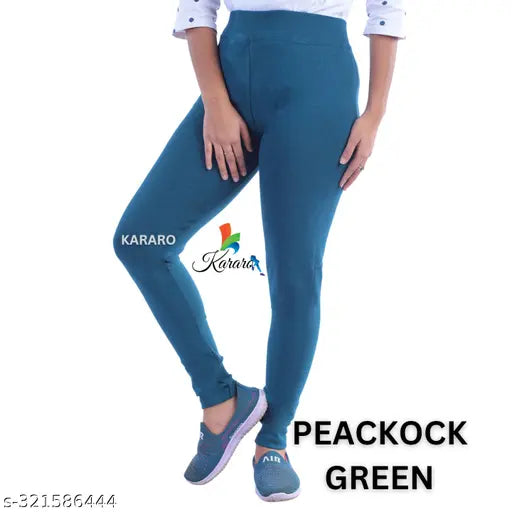 Women's cotton blend jeggings, medium quality and trendy. Solid net fabric, lightweight jeans for a comfortable fit. Available in sizes 26, 28, 30, 32, 34, and free size, made with recycled hosiery cotton waste and polyester (OE fabric). Origin: India