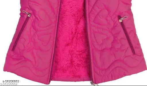 Pink polyester girls jacket & coat, embroidered net pattern, detachable hood, soft glacier lining, sizes 3-11 years, India origin