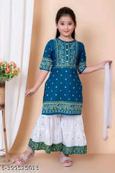 Kids girls printed rayon Nayra set with embroidered dupatta, traditional sharara style for India festivals