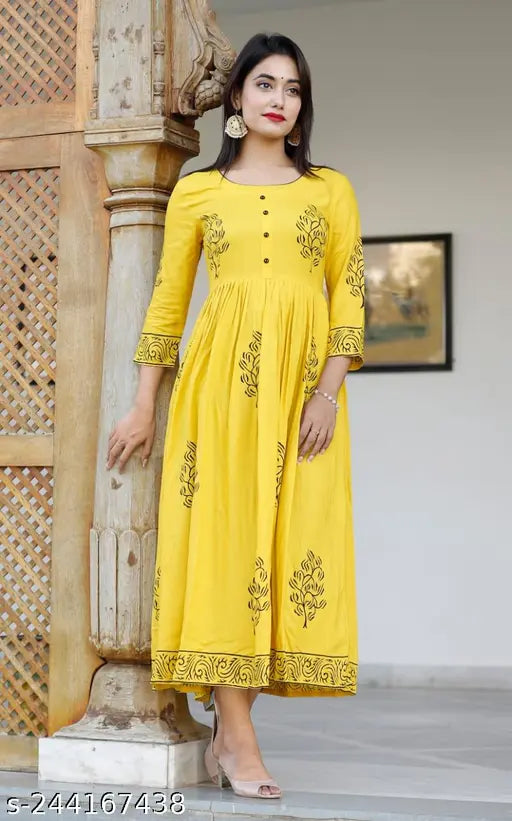 Mustard Rayon Anarkali Kurti, hand-block printed, three-quarter sleeves, Sanganer origin, women's ethnic wear