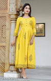 Mustard Rayon Anarkali Kurti, hand-block printed, three-quarter sleeves, Sanganer origin, women's ethnic wear