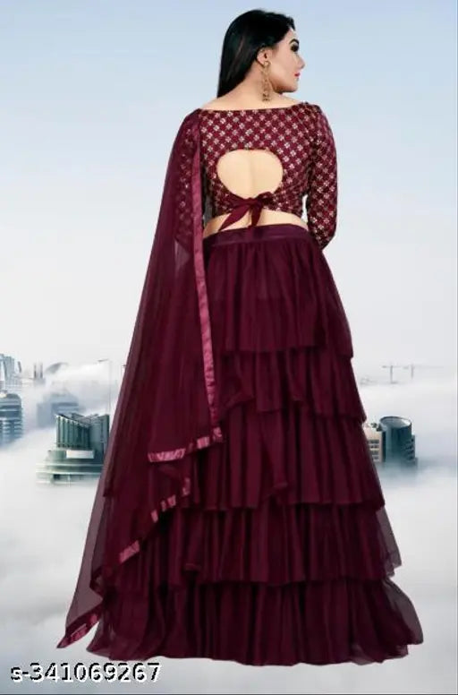 Satin lehenga choli with net dupatta, intricate zari detailing, free size (waist 44in, length 42in)