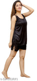 Black satin nightwear top & shirt set, sleeveless, solid, Ansh Collection, India