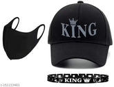 Black cotton baseball cap with adjustable spots, black pollution mask, and king bracelet - 3D rubber printed, unisize, Diwali offer