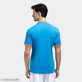 Team India jersey for men, polyester printed t-shirt with short sleeves. Size S (Chest: 34in, Length: 26in), M (Chest: 36in, Length: 27in), L (Chest: 38in, Length: 28in), XL (Chest: 40in, Length: 29in), XXL (Chest: 42in, Length: 30in). Indian-made cricket jersey on display