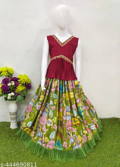 Kids chiffon ethnic lehenga-choli set with embroidered motifs, sleeveless and various sizes from 3-15 years. Indian traditional children's clothing on display