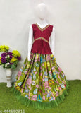Kids chiffon ethnic lehenga-choli set with embroidered motifs, sleeveless and various sizes from 3-15 years. Indian traditional children's clothing on display