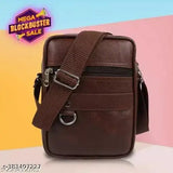 Brown faux leather men's cross body travel bag with self design pattern, suitable for hiking or traveling, adjustable shoulder strap