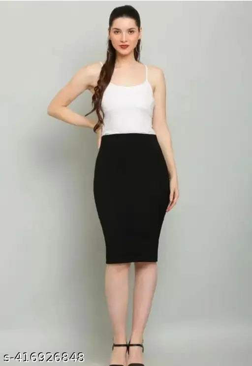 Black Polycotton Bodycon Pencil Midi Skirt for Women, versatile and stretchy with elasticated waist belt, ideal for various outfits and occasions