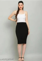 Black Polycotton Bodycon Pencil Midi Skirt for Women, versatile and stretchy with elasticated waist belt, ideal for various outfits and occasions