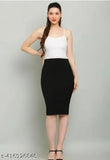 Black Polycotton Bodycon Pencil Midi Skirt for Women, versatile and stretchy with elasticated waist belt, ideal for various outfits and occasions