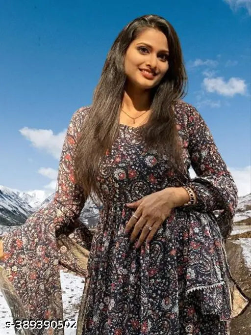 Modern Printed Navy Blue Georgette Gown, elegant and fashionable for special occasions