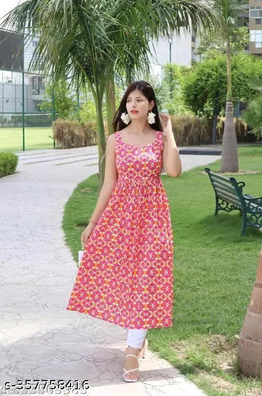 Pink cotton maxi dress with printed combo, sleeveless and XS-XXL sizes